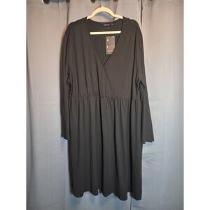 Womens's Plus Size 4x Kojoon Black Long Sleeve Wrap Midi Dress with Pockets